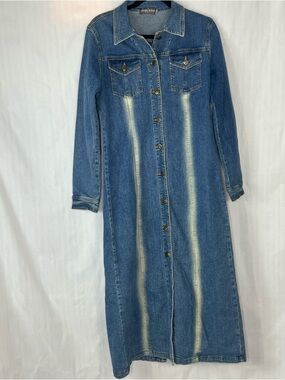 Y2K Bisou Bisou Denim Maxi Duster Coat/Dress Light Wash Vertical Stripes EUC S 👍